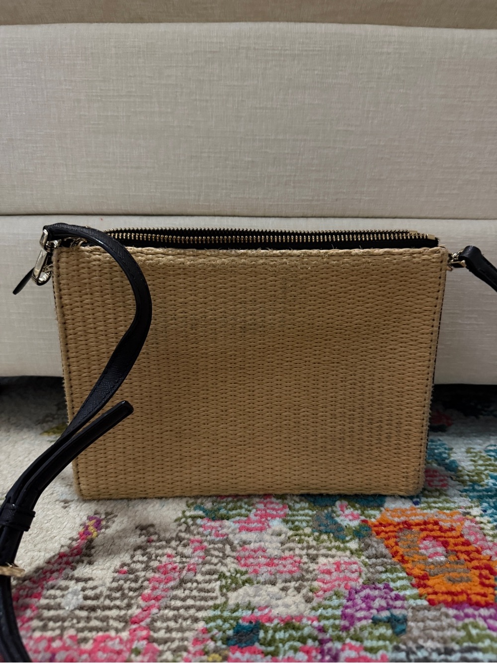 kate spade Straw Crossbody with White Leather Trim and Black Strap - Picture 2 of 5